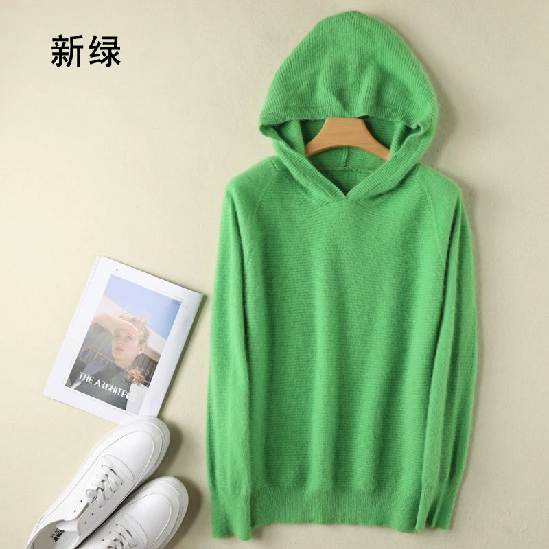 2025 Spring Winter 100%Pure Mink Cashmere Sweater Women Knitted Hooded Warm Lady's Grade Up Jumpers and Pullovers Soft Warm Tops