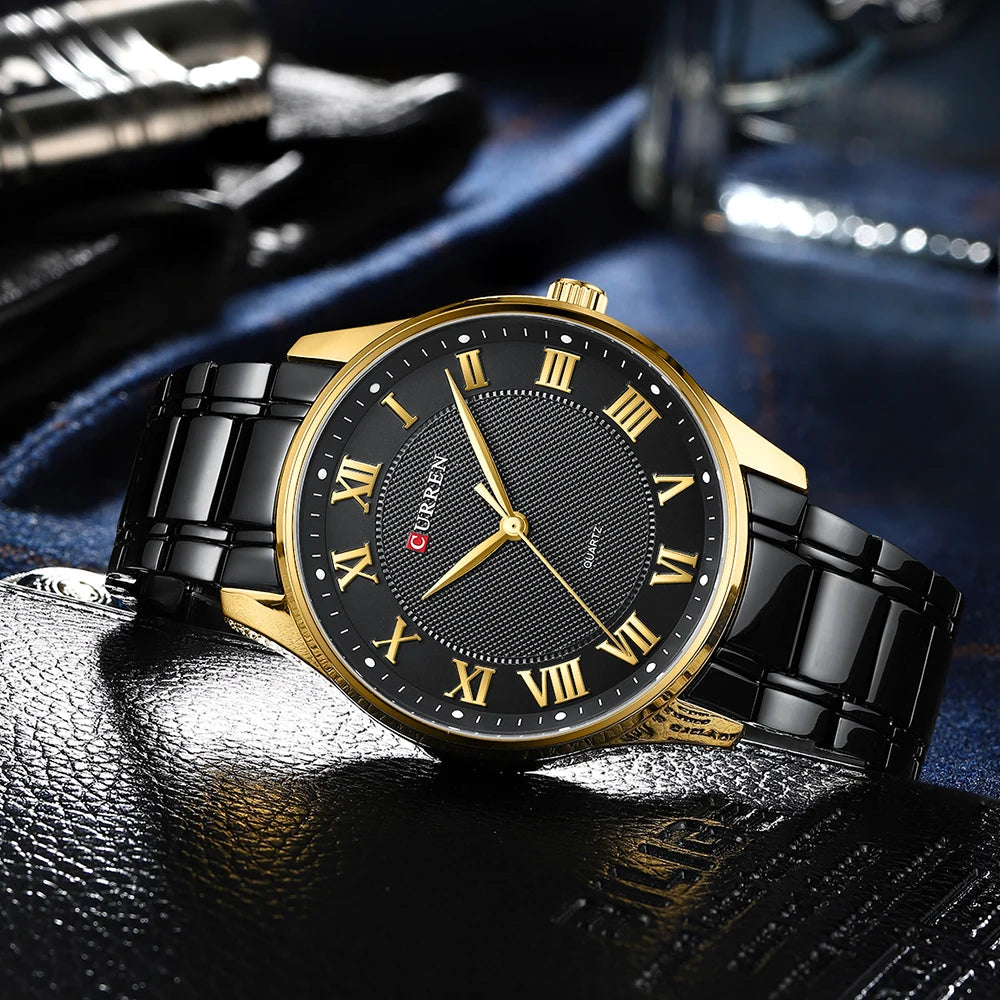 Montre CURREN New Simple Business pour homme avec bracelet en acier inoxydable, mouvement à quartz, couleur or et noir.