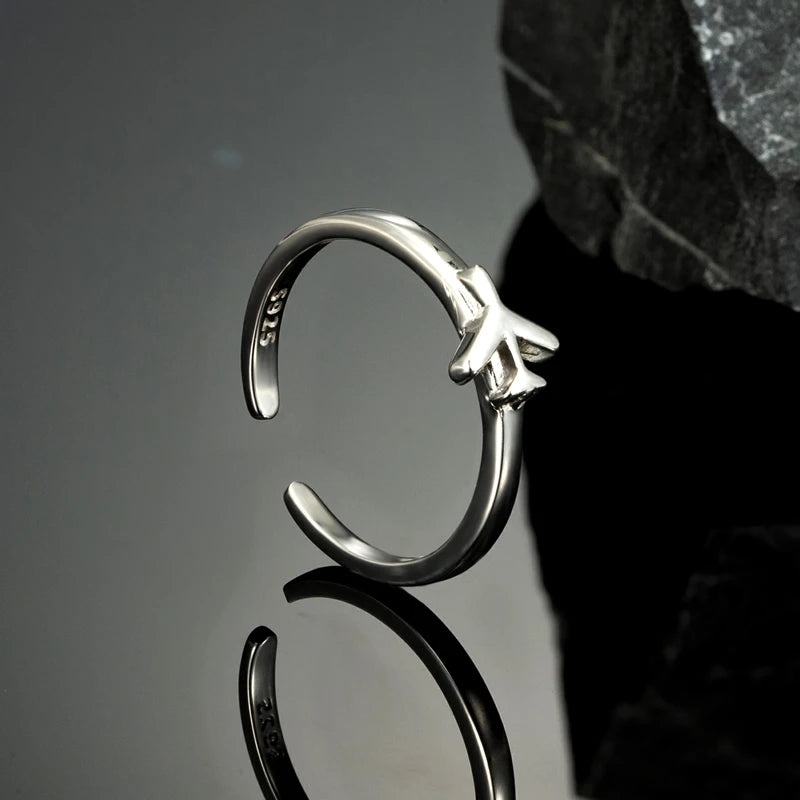 Real 925 Sterling Silver Airplane Couple Ring For Women Men Pilot & Flight Open Ring Engagement Wedding Set Aviation Lover Gift