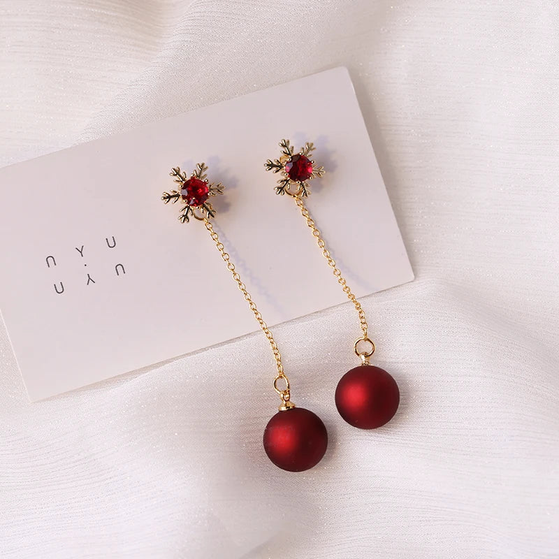 Trendy Red Pearl Long Earrings For Women Christmas Rhinestone Bow Cherry Flowers Earring Girls Party Christmas Jewelry Gifts