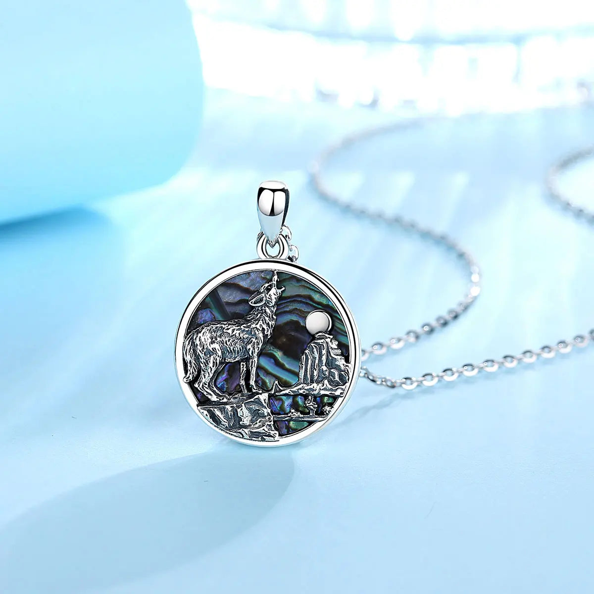 Collier pendentif loup en argent sterling 925 Eudora, coquillage d'ormeau, mère huître, bleu, coloré, fin, bijoux mbd023
