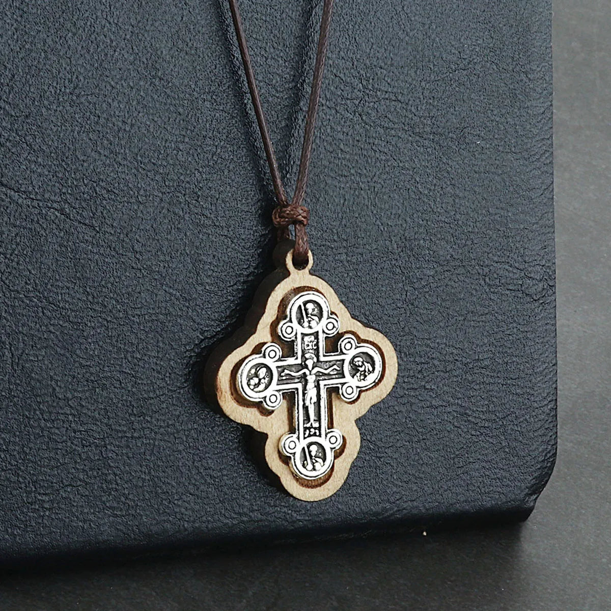 Orthodox ICXC Wooden Saint Cross Pendant Necklaces for Men Adjustable Leather Rope Chain Necklace Religious Jewelry