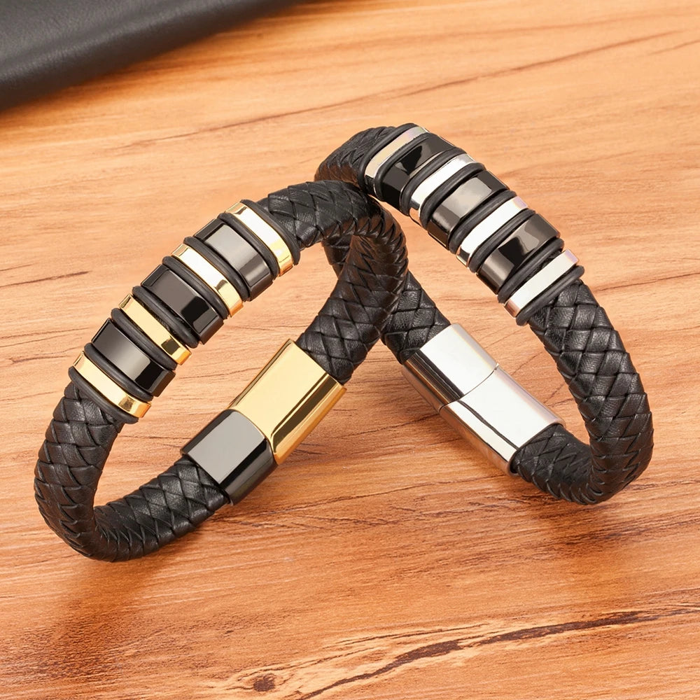 TYO New Fashion Braided Wrap Rope Black Leather Bracelets For Men Simple Stainless Steel Charm Vintage Bangles Jewelry Gift