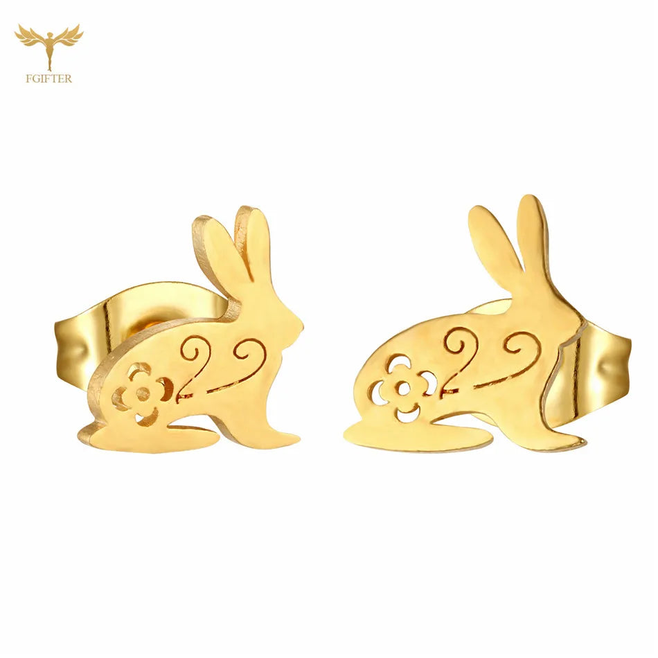 Stainless Steel Animal Stud Earrings Sets Cute Rabbit Bunny Earrings Retro Hollow Pattern Aesthetic Design Girl Jewelry Gift