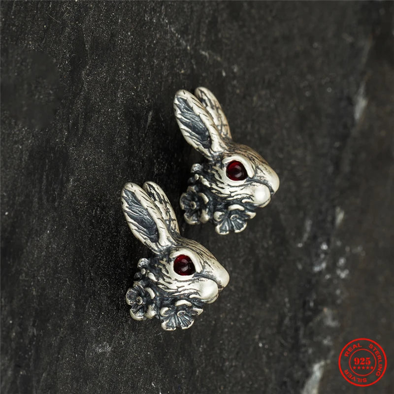 MKENDN Punk Vintage 100% 925 Sterling SIlver Red Eye Rabbit Stud Earring Men Women Gothic Dark Jewelry