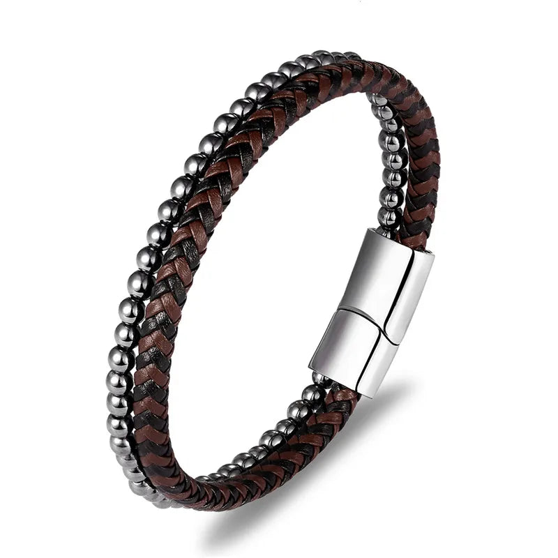 MKENDN Multicolor Natural Stone Classic Stainless Steel Men's Leather Bracelet 19/21/23 cm Choose Handsome Men's Christmas Gift