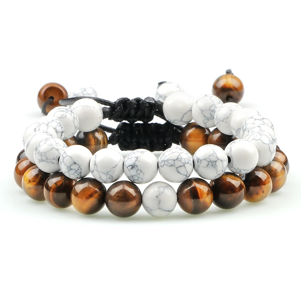 2Pcs Adjustable Braided Natural Stone Beads Bracelets&Bangles For Couples Women Men Tiger Eye Lava Bracelet Yoga Jewelry Pulsera