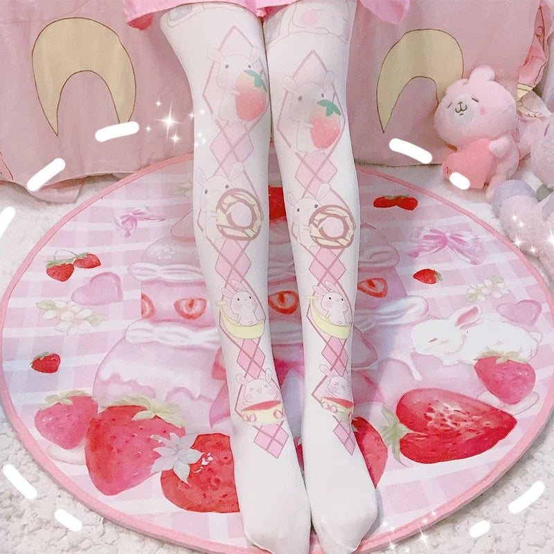 Japanese Gothic Lolita Stockings Girls Sweet Harajuku Cute Bear Rabbit Print Velvet Tights Fashion Female White Kawaii Stockings