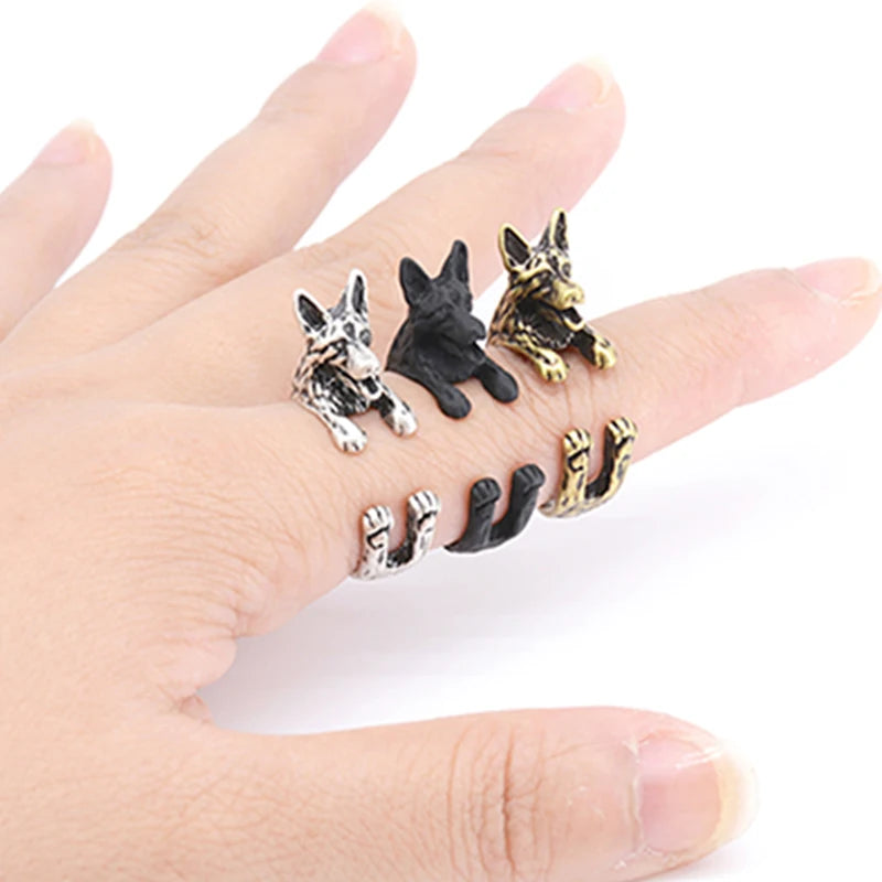 Vintage Punk Brass Knuckle German Shepherd Anel Masculino Ring Boho Dog Anillos Couple Rings For Men Women Jewelry Lovers Gift