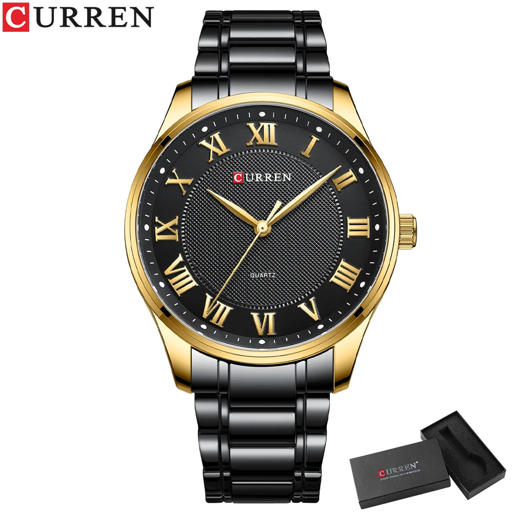 Montre CURREN New Simple Business pour homme avec bracelet en acier inoxydable, mouvement à quartz, couleur or et noir.