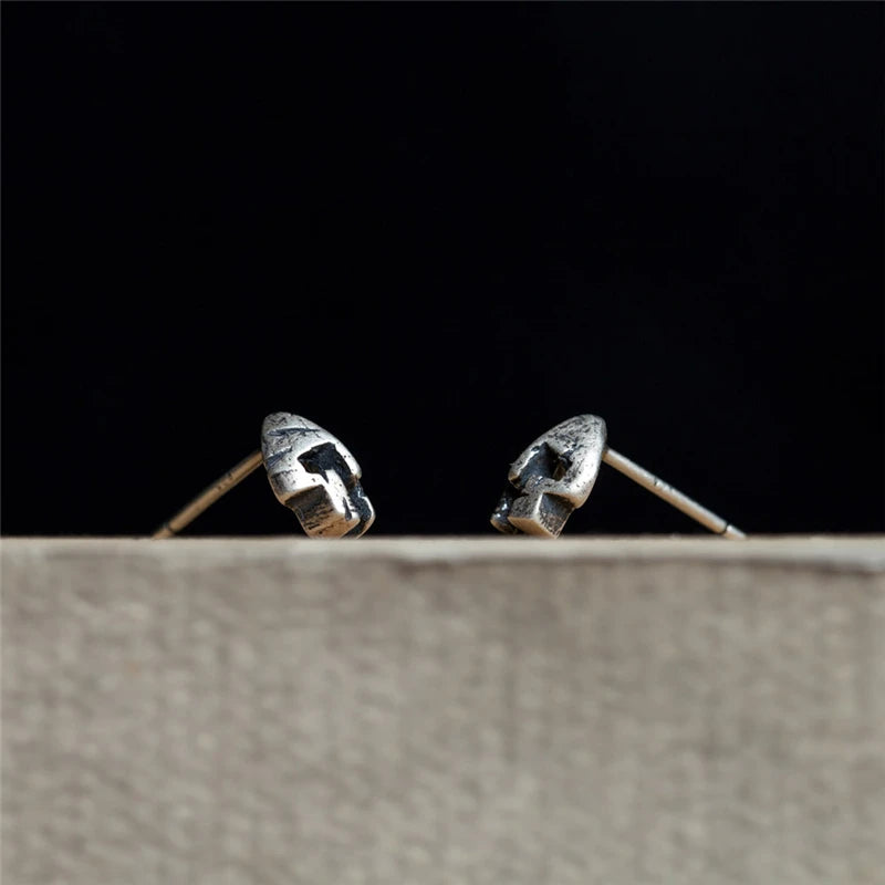 MKENDN Norse Vikings Spartan Warrior Antique Stud Earrings Men Women Real 925 Sterling Silver Punk Style Jewelry