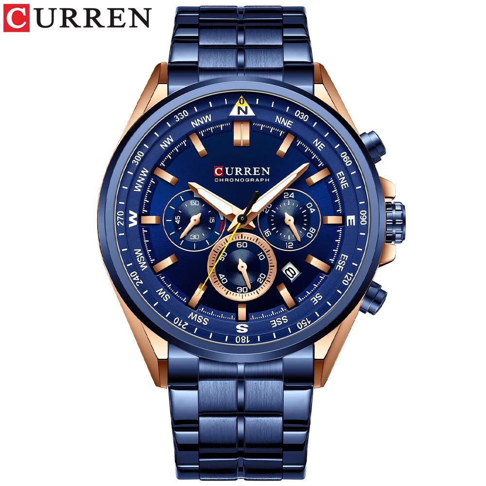 CURREN Luxury Brand Watches for Men Casual Sporty Quartz Wristwatch with 316 Stainless Steel Band Chronograph Clock Male Silver