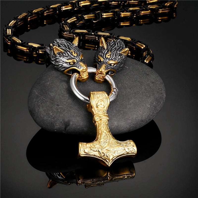 MKENDN Men Stainless Steel Wolf Head Norse Viking Amulet Thor Hammer Pendant necklace Never Fade Black Gold Plated King Chain