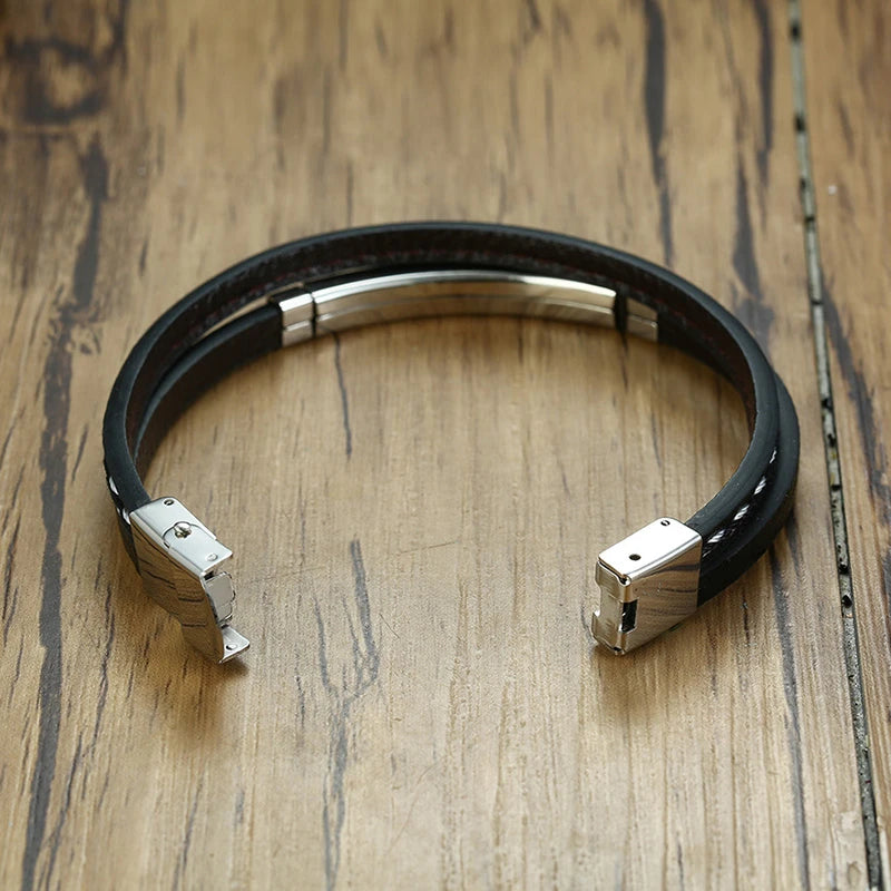 Vnox Unique Sew Lines Genuine Leather Bracelets for Men Women Stainless Steel Bar Layered Bangle Causal Pulseira - Madeinsea©