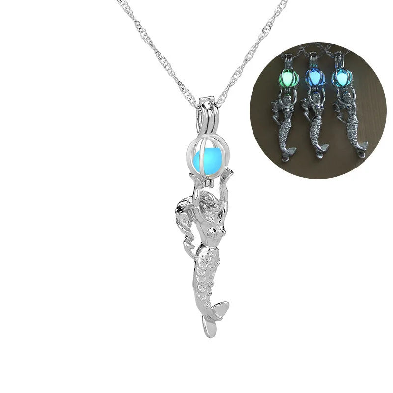 Glow in The Dark Locket necklace For Women Gun skull Heart mermaid Cross tortoise Glowing beads cage pendant Fashion Jewelry