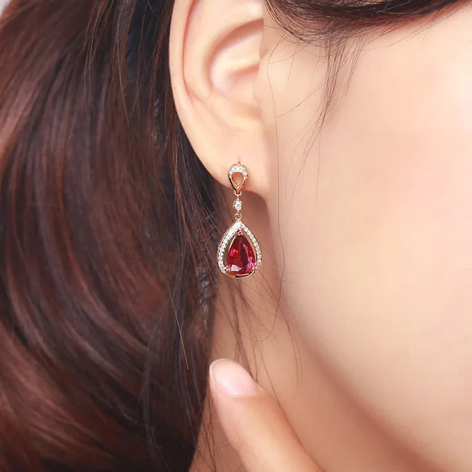 18k Rose Gold Jewelry with Ruby Red Gemstones Water Drop Shaped Earrings for Women Ruby Female Ear Drops Anniversary Cute Gifts