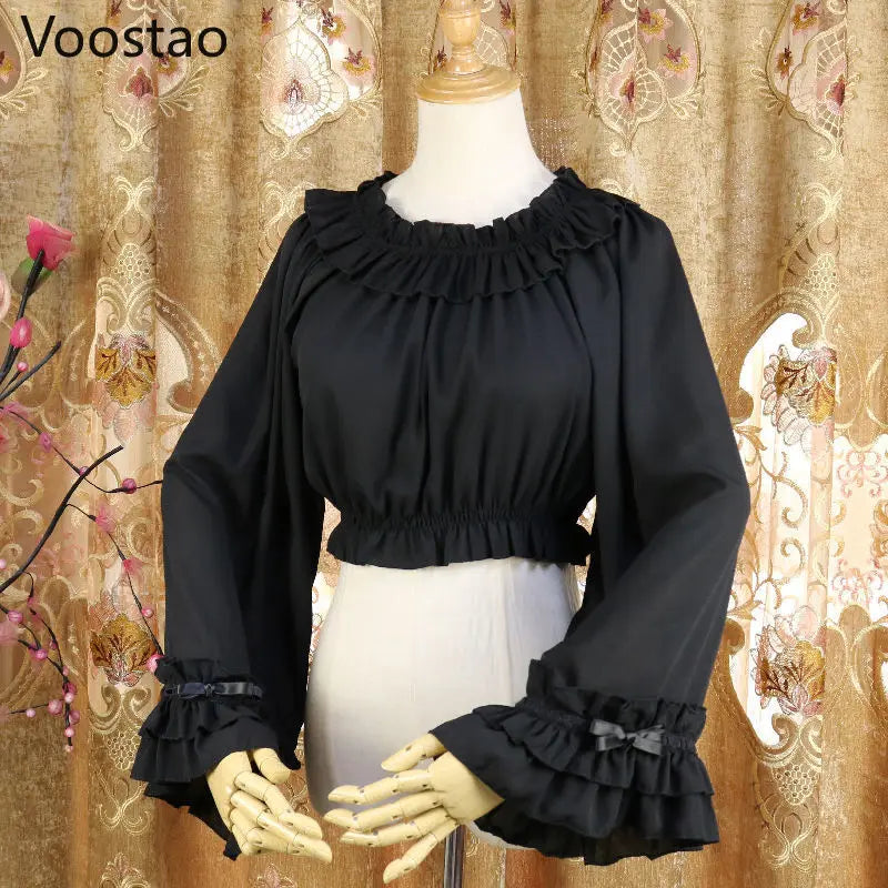 Japanese Style Harajuku Gothic Lolita Shirts Girly Cute Ruffles Short/Long Sleeve Tops Elegant Women Sweet Solid Chiffon Blouses