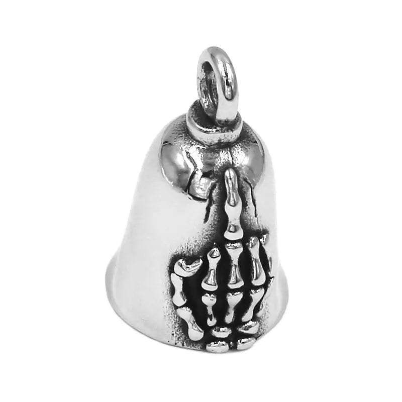 Skull Hand Middle Finger Bell Pendant Stainless Steel Jewelry Skull Biker Bell Pendant SWP0602A (Has steel ball, no bell ring)