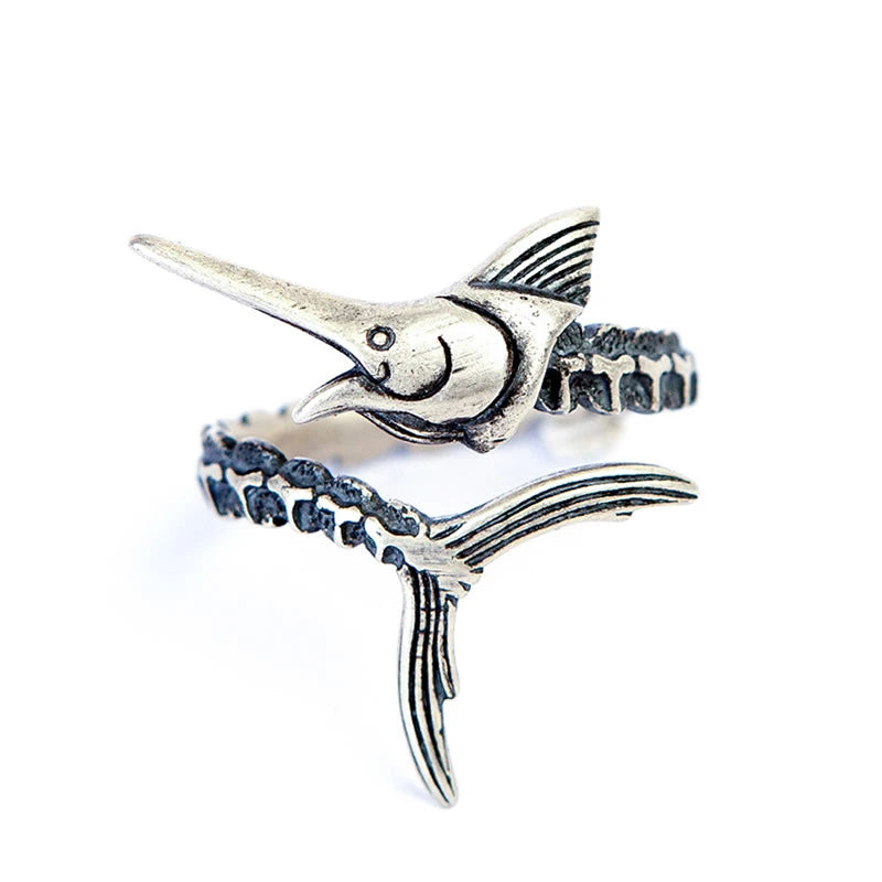 MKENDN Men Women Retro Personality Gothic Old Man And The Sea Marlin Fish Open Ring Genuine 925 Sterling Silver Jewelry