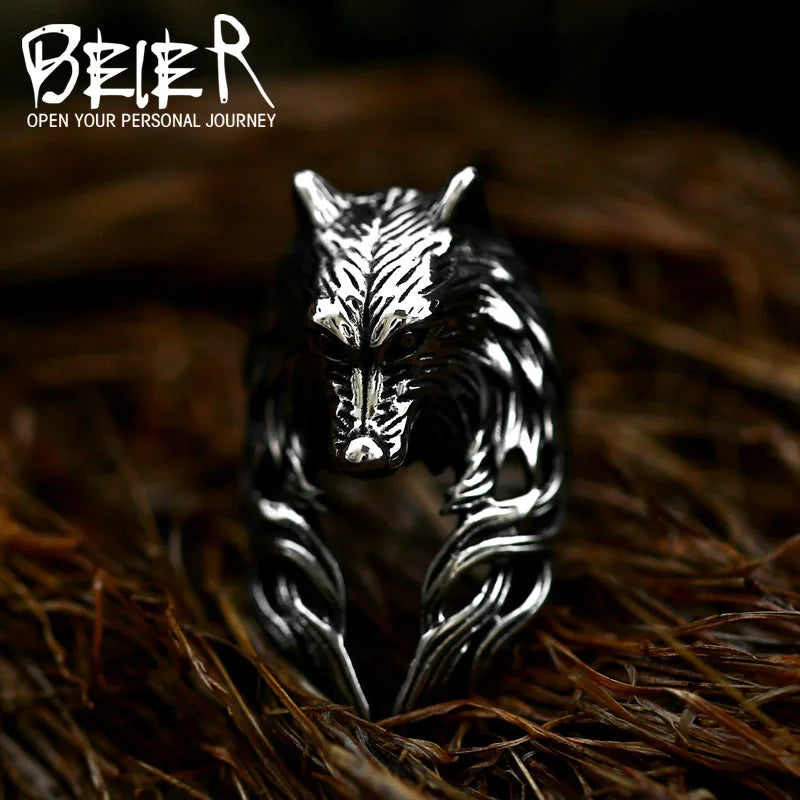 Beier New Design Vintage Cool Nordic Viking Wolf Ring With Store High Quality Stainless Steel Anima Ring For Men Fashion Jewelry