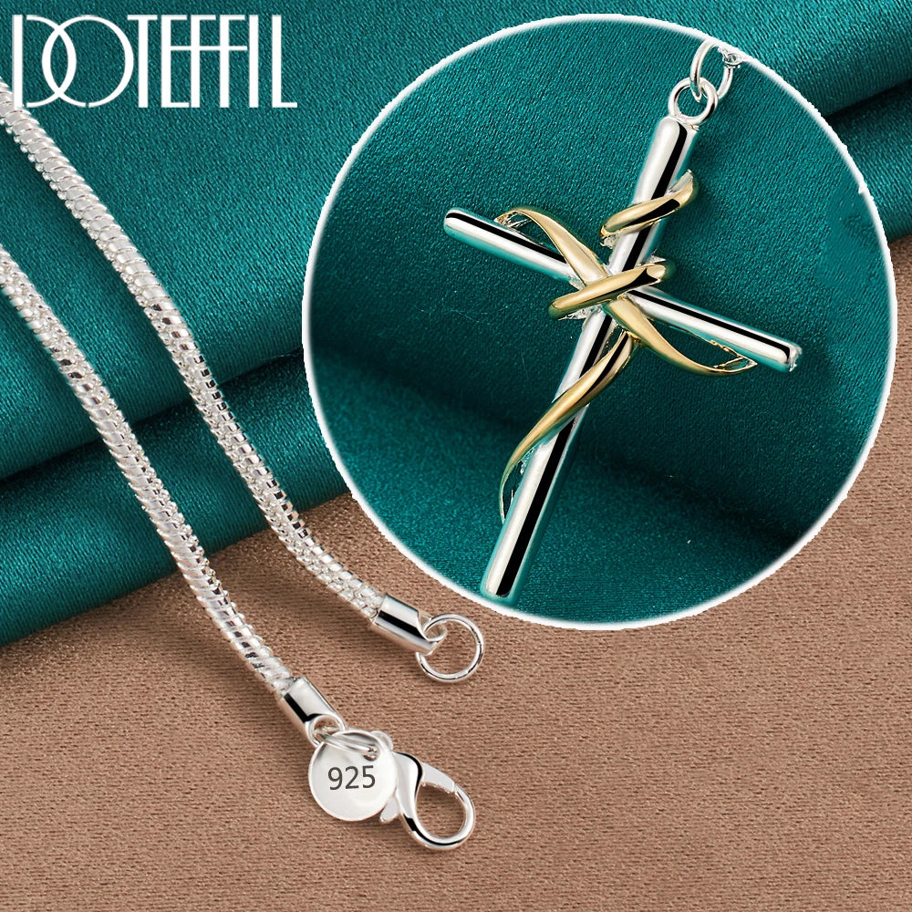 DOTEFFIL 925 Sterling Silver Gold Cross Pendant Necklace 18-30 Inch Chain For Woman Man Fashion Wedding Engagement Party Jewelry