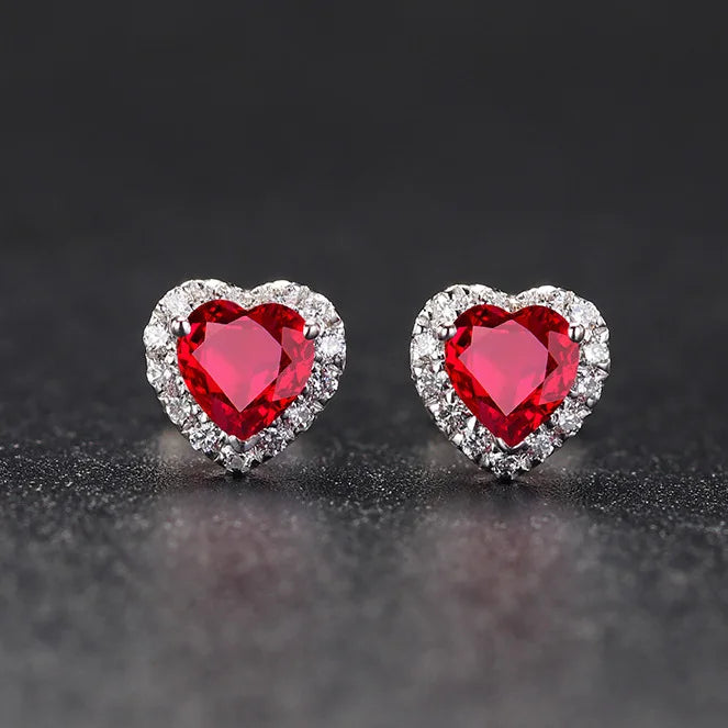 925 Sterling Silver Love Heart Earring Luxury Female ruby red  stone Stud Earrings For Women Wedding Party birthday gift