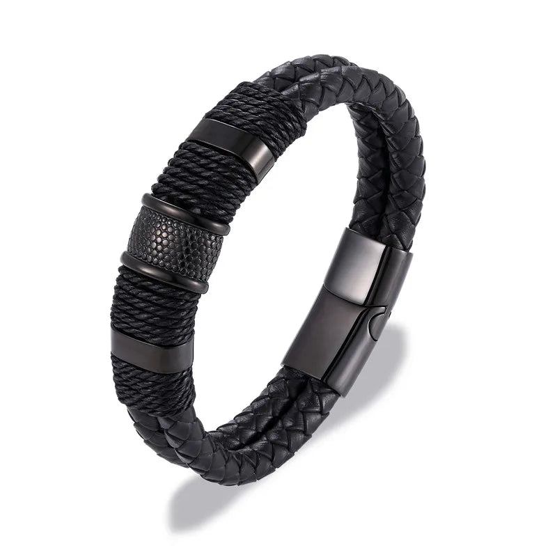 MKENDN Fashion Men Braided Genuine Black Leather Bracelet Stainless Steel Magnetic Buckle Bracelet Gifts Homme Pulseras