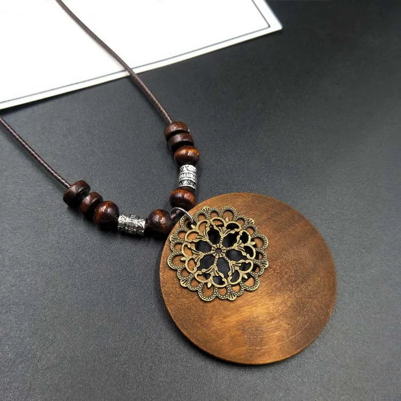 Vintage Ethnic Style Wooden Necklace Owl Leaves Beaded Pendant Choker Long Chain Sweater Dress Neck Jewelry Accessories