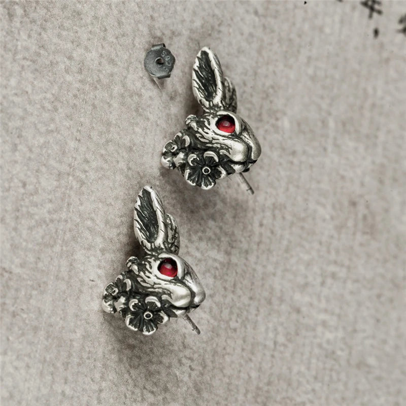 MKENDN Punk Vintage 100% 925 Sterling SIlver Red Eye Rabbit Stud Earring Men Women Gothic Dark Jewelry