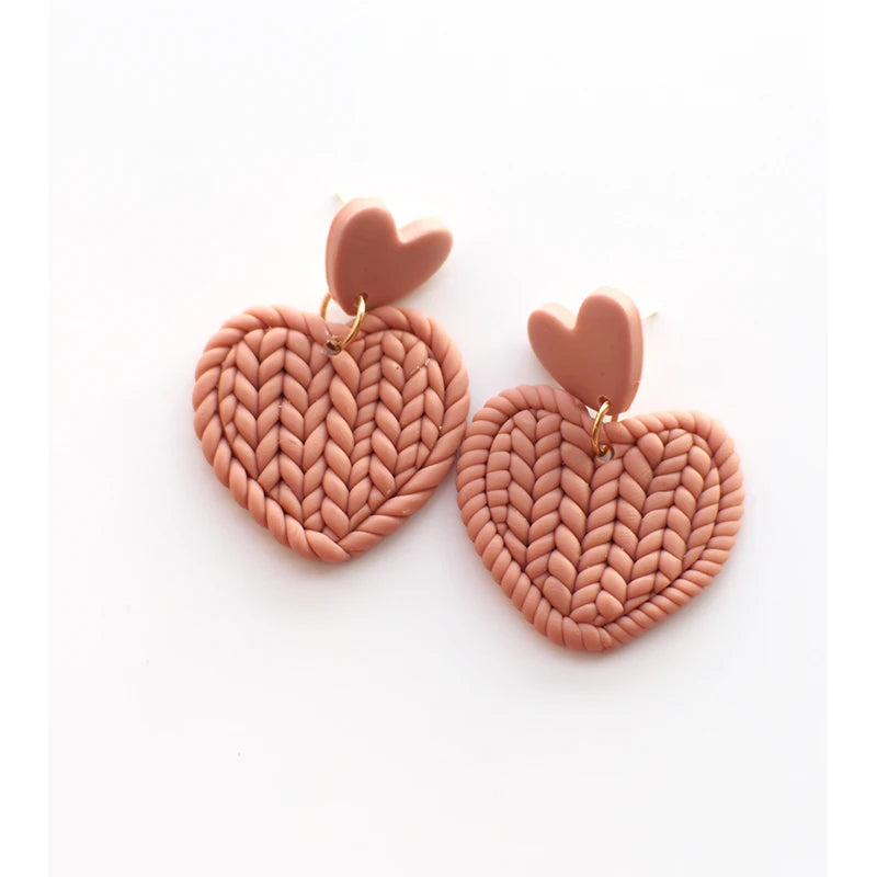 Leaves Heart Earthy Colors Arch Natural Handmade Polymer Clay Braided Pattern Earrings Dangle Sets Women Jewelry Holiday Wear