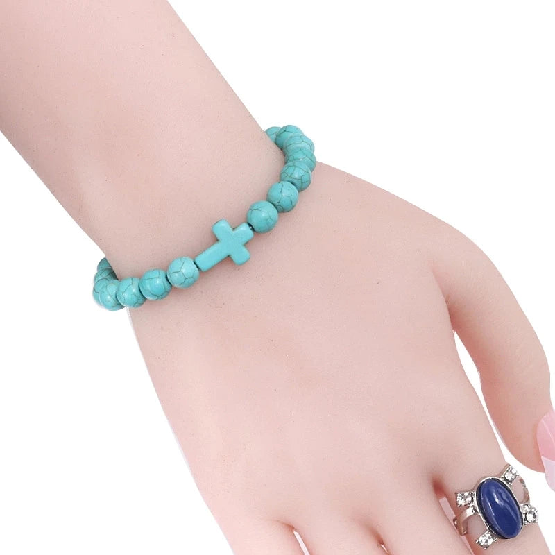 Fashion Jesus Cross Natural Stone Bracelets Charm Blue Pine Stone Black Lava Matte Beaded Bracelets Bangles Women Yoga Jewelry
