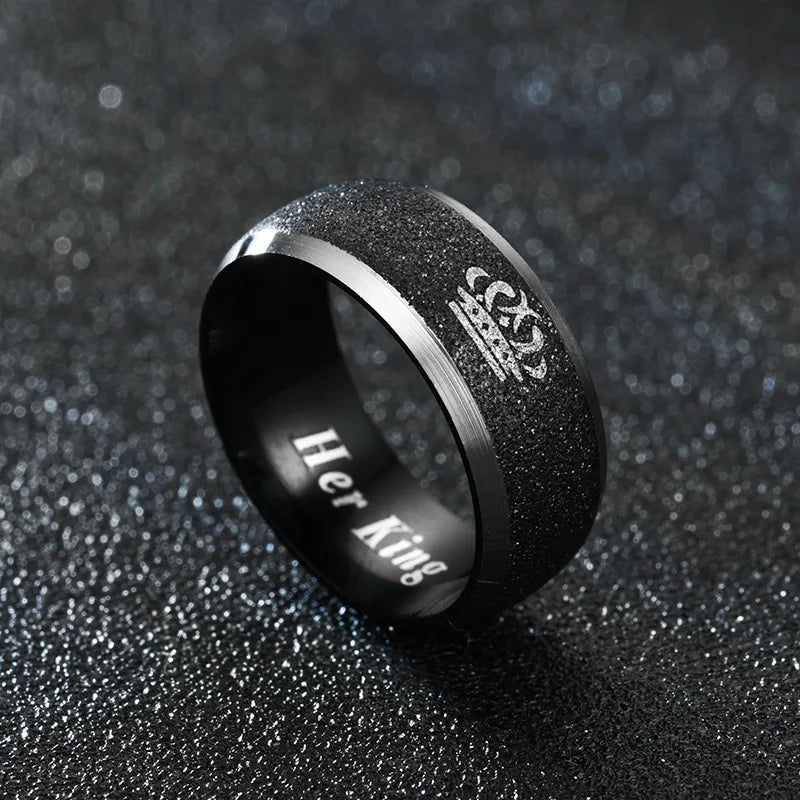 8MM Her King and His Queen Letter Rings For Women Men Crown Black Stainless Steel Matte Couple Ring Lovers Wedding Jewelry