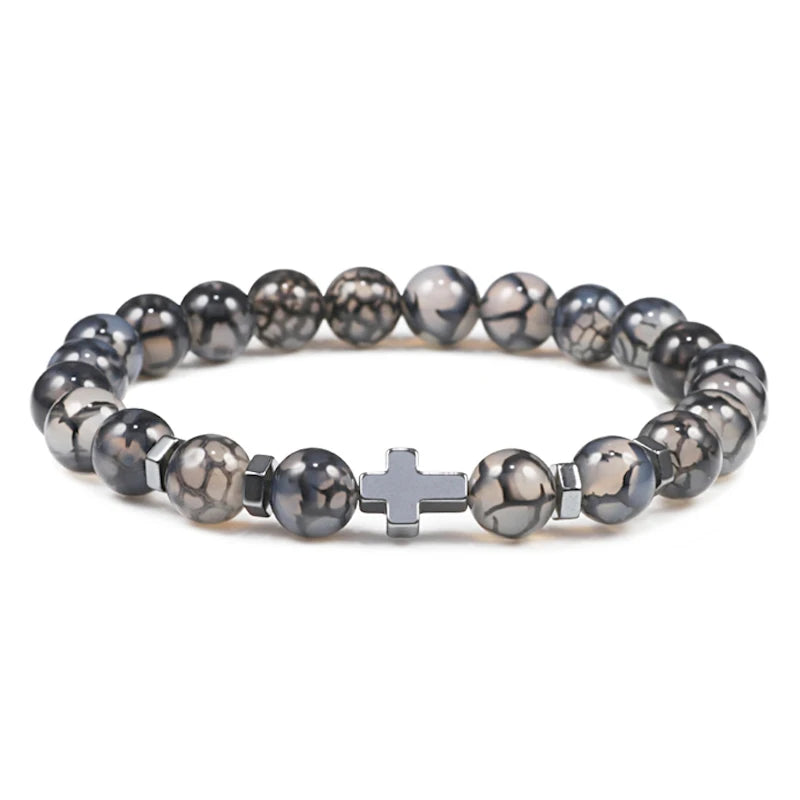 Prayer Men Natural Stone Wood Beads Rosary Hematite Cross Bracelets Onyx Meditation Bracelet Women Yoga Jewelry Homme Pulsera