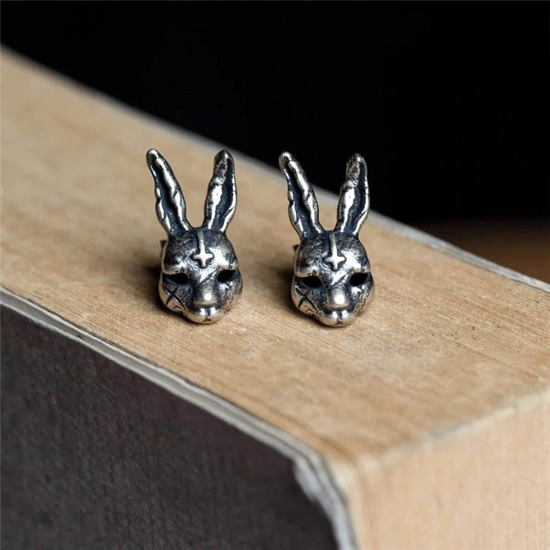 MKENDN Gothic Style Creative Vintage Cross Bunny Stud Earring Cute Rubbit 925 Sterling Silver Retro Punk Ear Jewelry