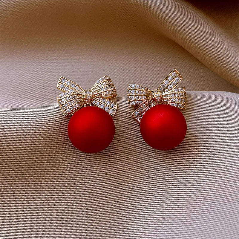 Trendy Red Pearl Long Earrings For Women Christmas Rhinestone Bow Cherry Flowers Earring Girls Party Christmas Jewelry Gifts