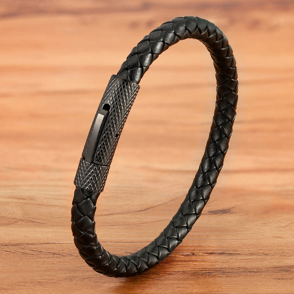 Bracelet TYO de luxe classique en acier inoxydable et cuir pour homme, tissé à la main, fermoir magnétique, noir, bijou simple, cadeau personnalisable