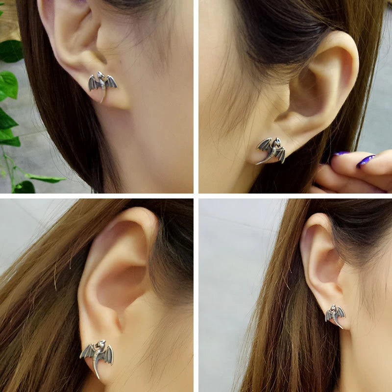 MKENDN Punk 925 Sterling Silver Jewelry Fashion Cute Small Pterodactyl Dinosaur Stud Earrings Gift For Cool Girls Lady