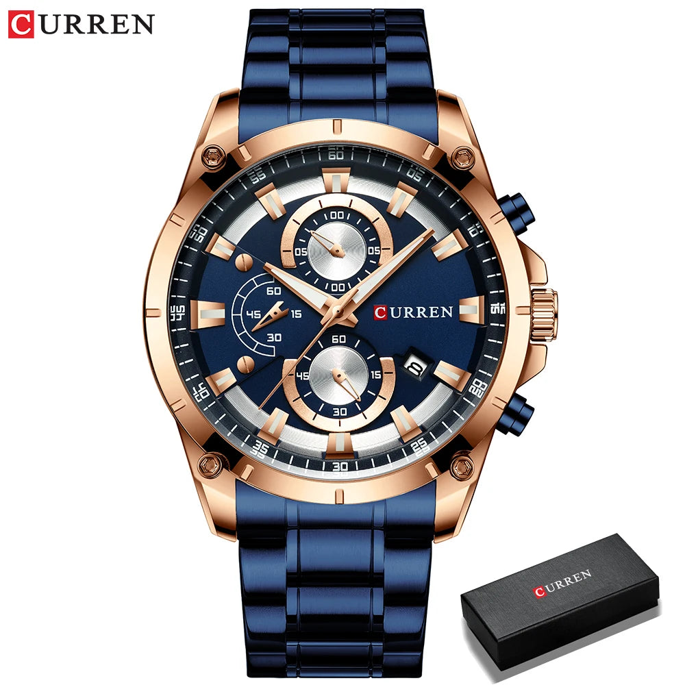 Montre CURREN à quartz pour homme, chronographe tendance, cadeau décontracté en acier inoxydable
