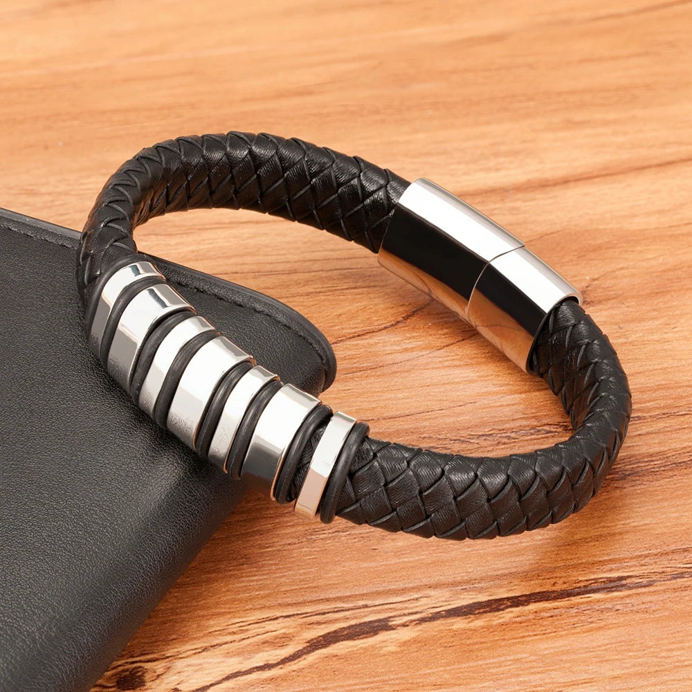 TYO New Fashion Braided Wrap Rope Black Leather Bracelets For Men Simple Stainless Steel Charm Vintage Bangles Jewelry Gift