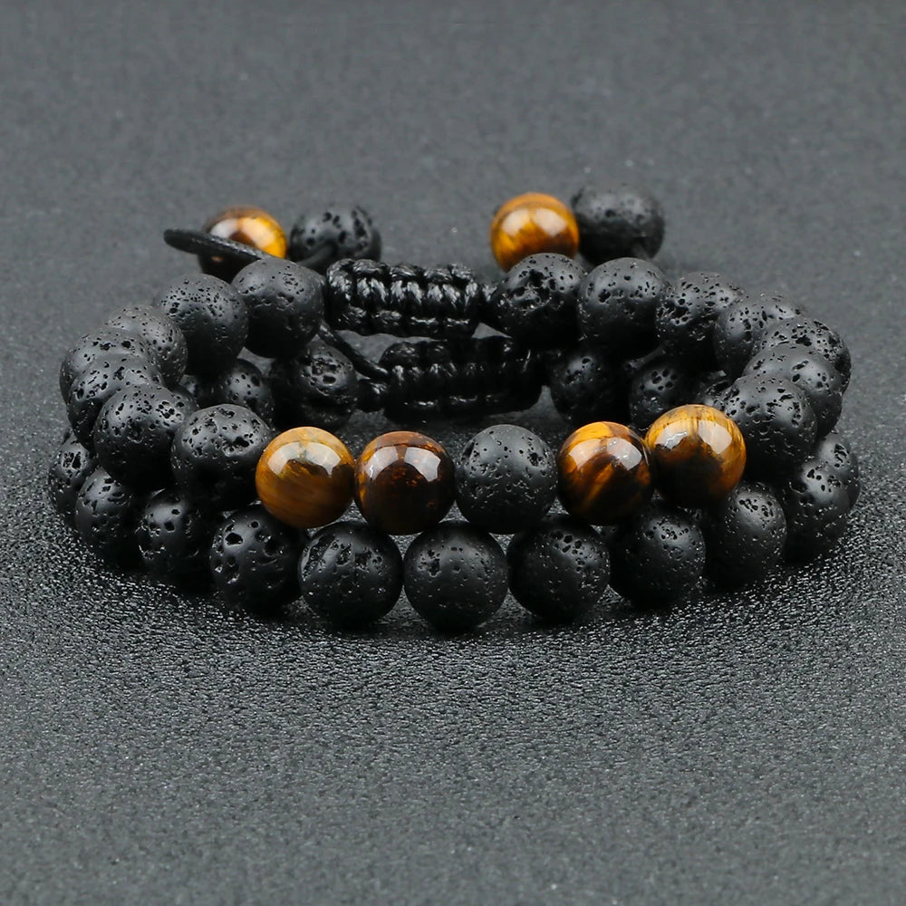 2Pcs Adjustable Braided Natural Stone Beads Bracelets&Bangles For Couples Women Men Tiger Eye Lava Bracelet Yoga Jewelry Pulsera