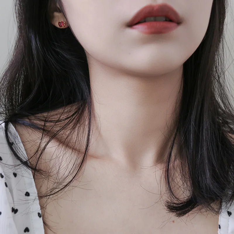 925 Sterling Silver Red Heart Stud Earrings For Women Luxury Temperament Wedding Party Jewelry Accessories Girlfriend Gift