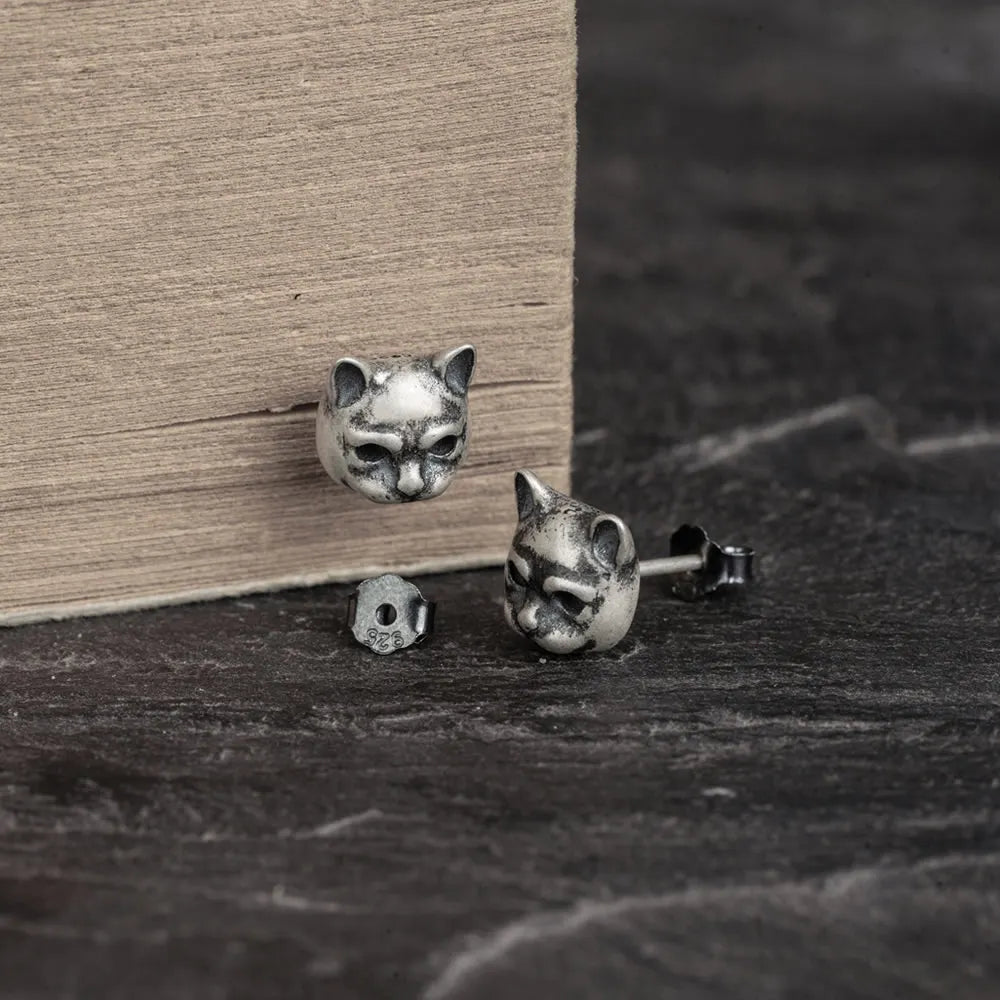 MKENDN 100% 925 Sterling Silver Creative Retro Cat Stud Earring Punk Street Style Ear Pin for Men Women Fine Jewelry