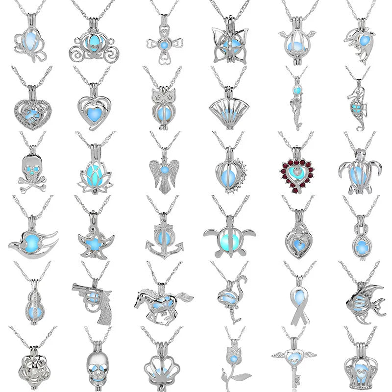 Glow in The Dark Locket necklace For Women Gun skull Heart mermaid Cross tortoise Glowing beads cage pendant Fashion Jewelry