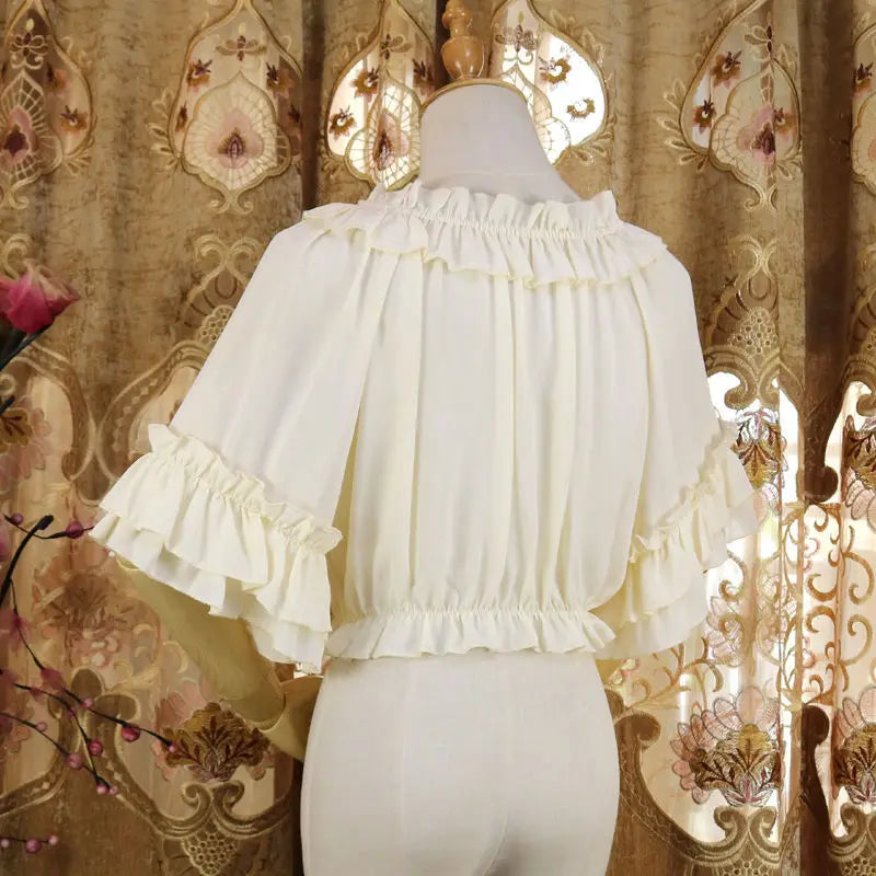 Japanese Style Harajuku Gothic Lolita Shirts Girly Cute Ruffles Short/Long Sleeve Tops Elegant Women Sweet Solid Chiffon Blouses