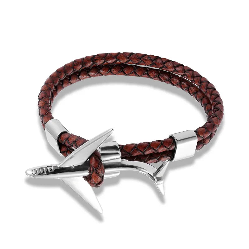 MKENDN Titanium Stainless Steel Airplane Anchor Bracelets Men Multilayer Braid Genuine Leather Bracelet Women Friendship Gifts