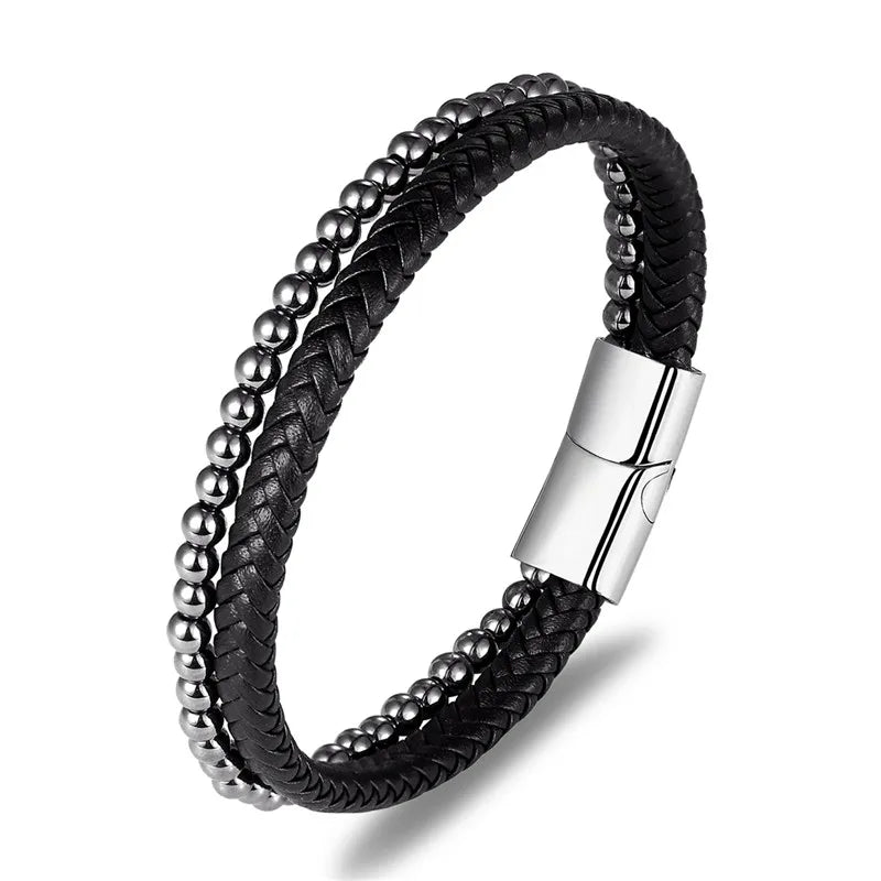 MKENDN Multicolor Natural Stone Classic Stainless Steel Men's Leather Bracelet 19/21/23 cm Choose Handsome Men's Christmas Gift