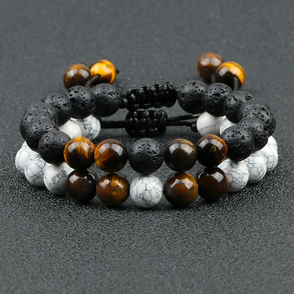 2Pcs Adjustable Braided Natural Stone Beads Bracelets&Bangles For Couples Women Men Tiger Eye Lava Bracelet Yoga Jewelry Pulsera
