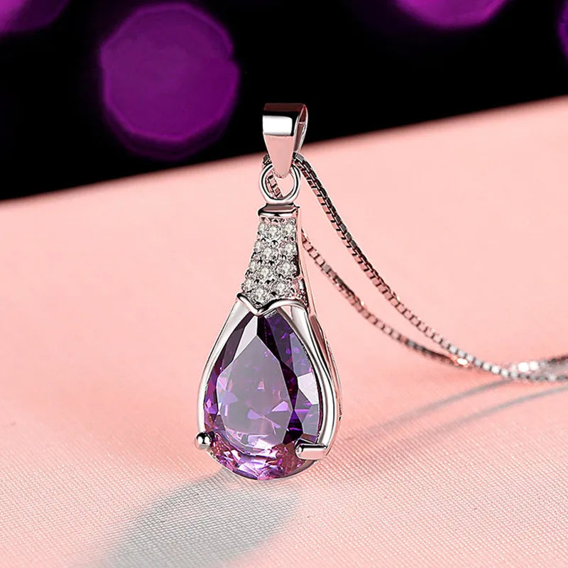 Buyee Halskette mit Steinanhänger aus 925er Sterlingsilber, natürlicher Amethyst, für Damen, luxuriöse Hochzeitskette, edler Schmuck mit Box
