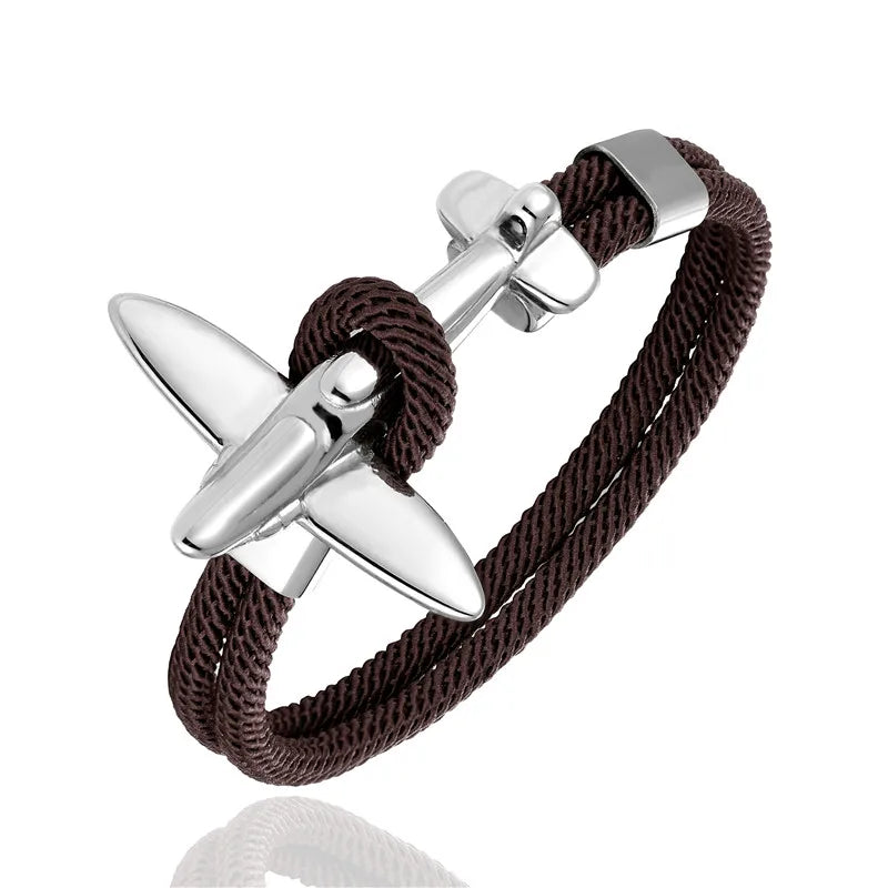 MKENDN Fashion Stainless Steel Airplane Glider Anchor Rope Leather flight Bracelets Men Women aviator Style