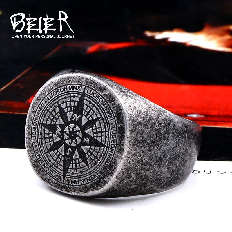 BEIER 316L Stainless Steel Vintage Viking Compass Men's Ring Navigation Odin Amulet High Quality Jewelry BR8-179